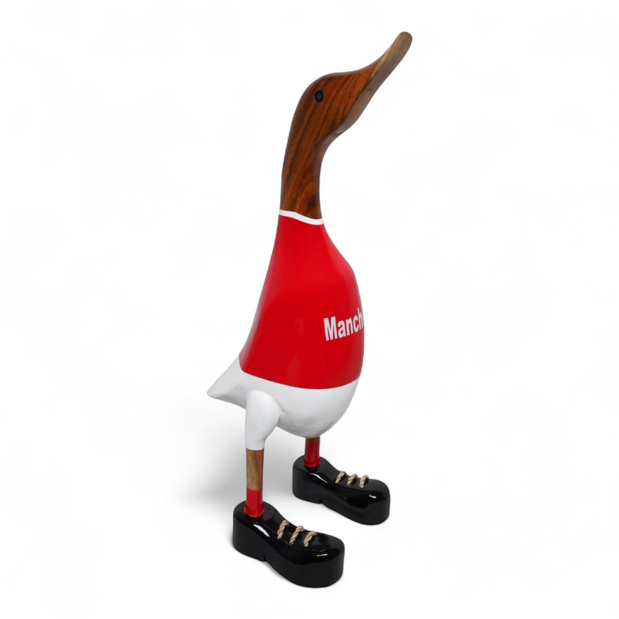 Manchester football jersey inspired duck figure carved from bamboo root