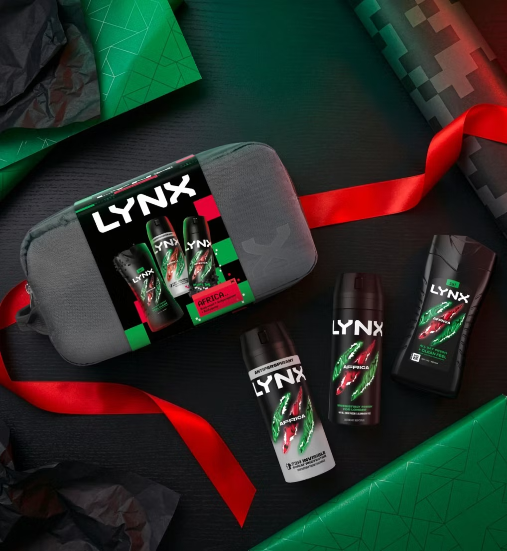LYNX Africa Washbag Gift Set with three men’s toiletries and black washbag