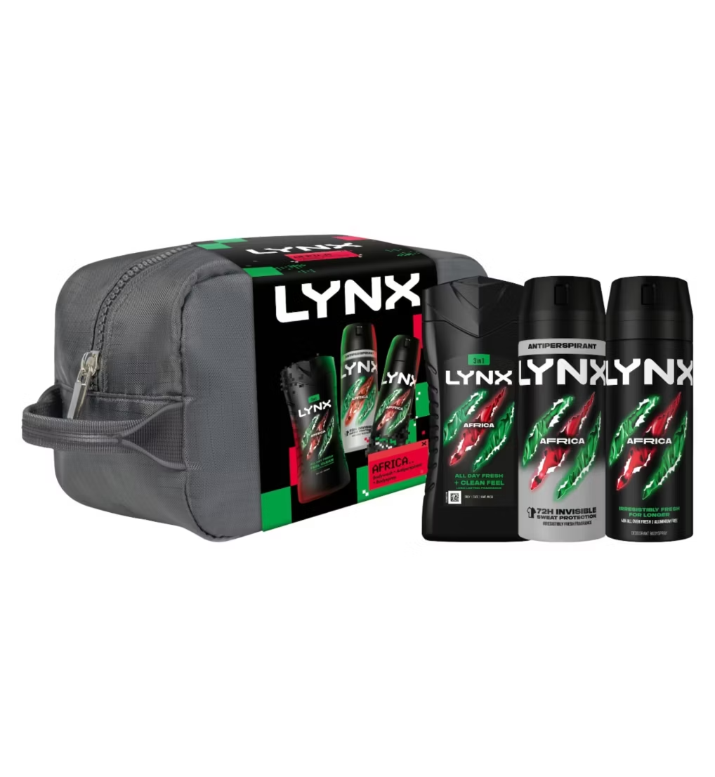 LYNX Africa Men’s Washbag Gift Set with body wash, body spray and antiperspirant