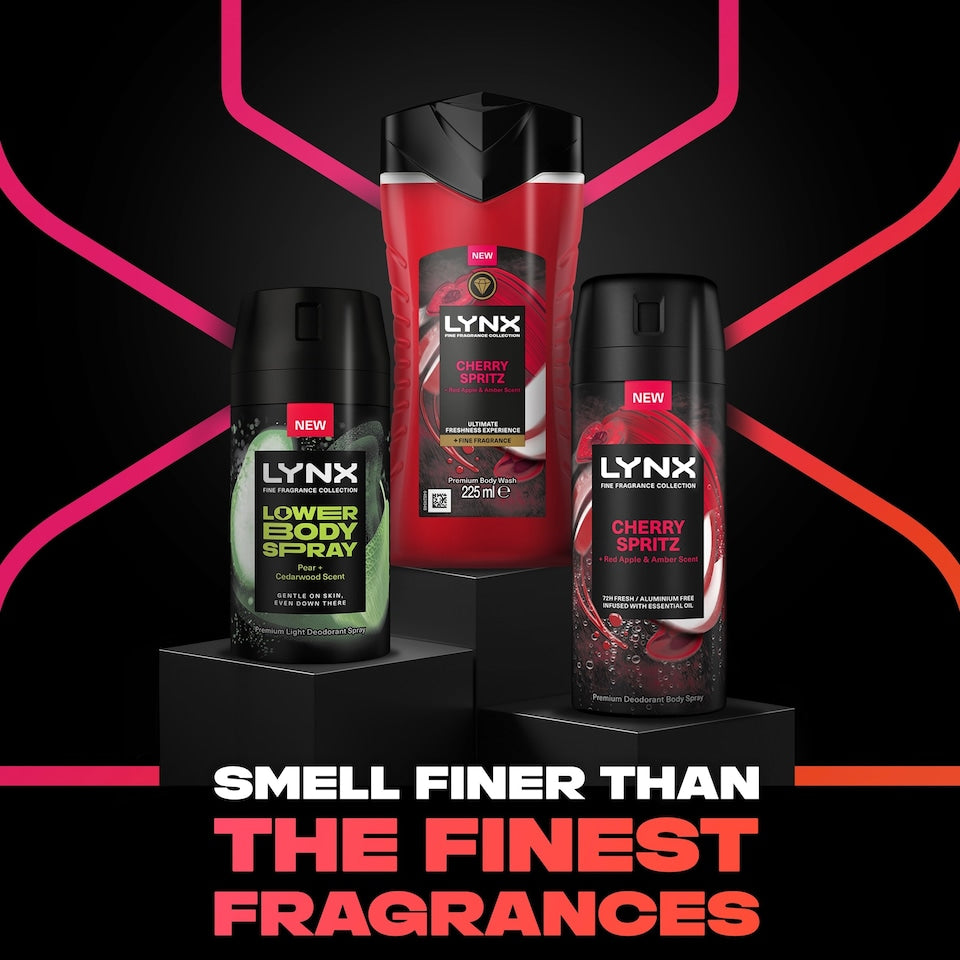 Lynx Pear + Cedarwood lower body spray product shot — deodorising intimate-area spray included in wash bag gift set.
