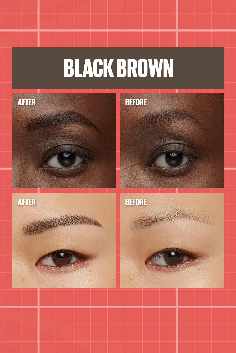 Before and after brow transformation using Maybelline Build-A-Brow in Black Brown