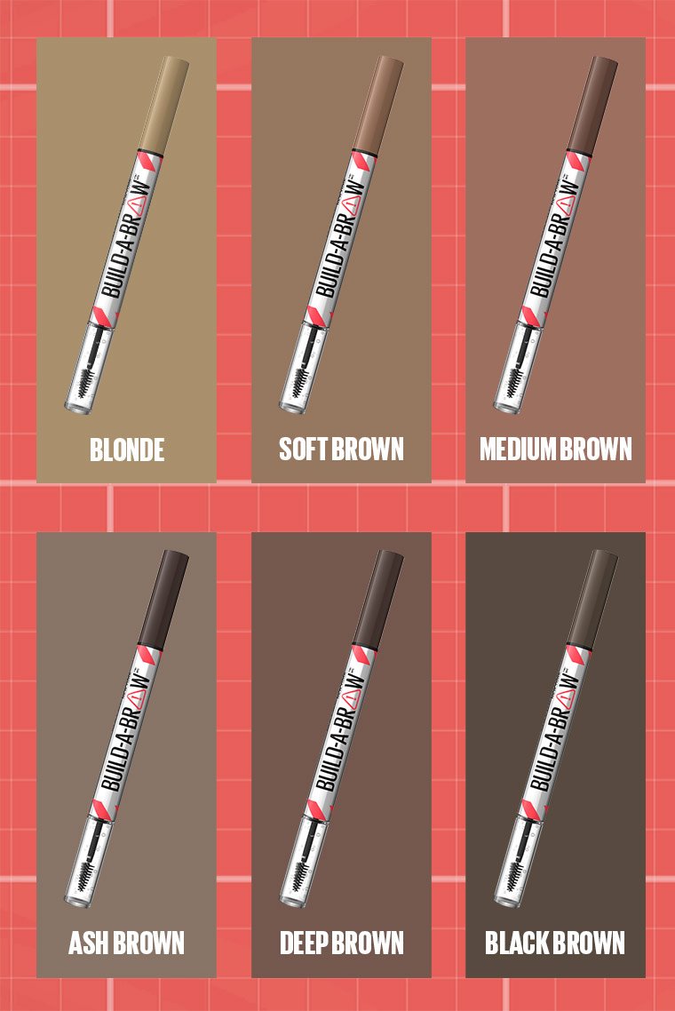 Shade comparison chart for Maybelline Build-A-Brow pens: Blonde to Black Brown