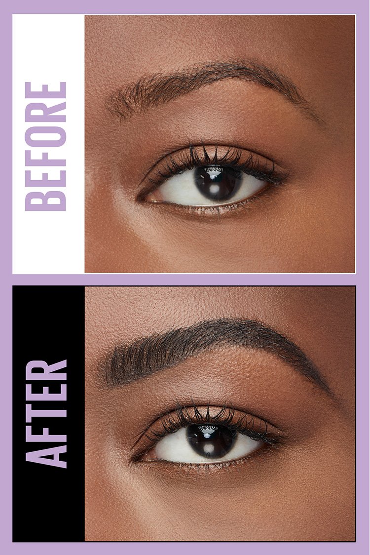 Before and after brow transformation using Maybelline Express Brow in Deep Brown