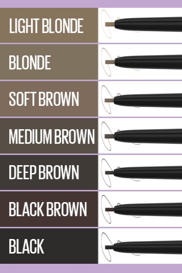 Eyebrow shade chart showing Maybelline Express Brow pencil colours