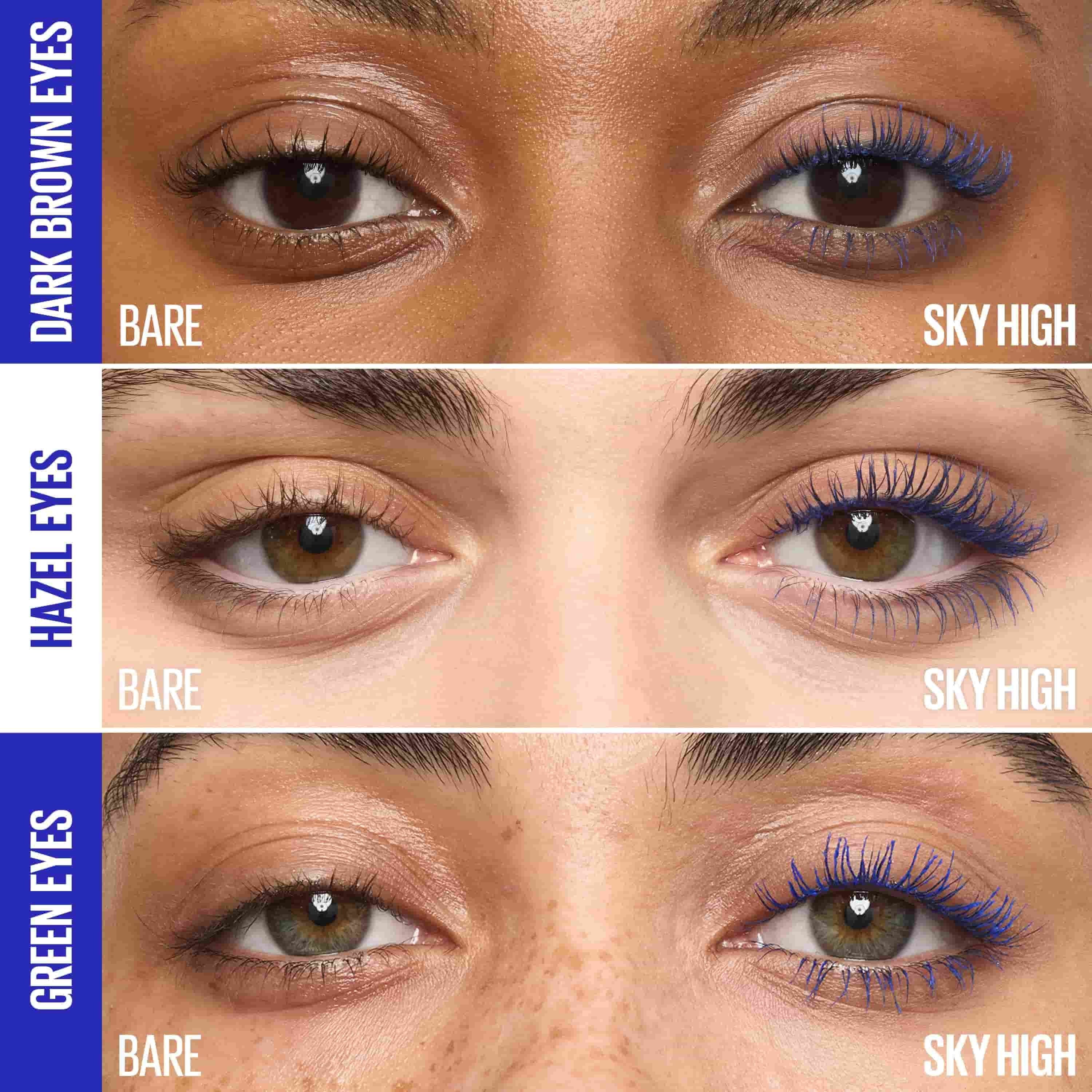 Maybelline Sky High Blue Mist mascara results on different colour eyes 