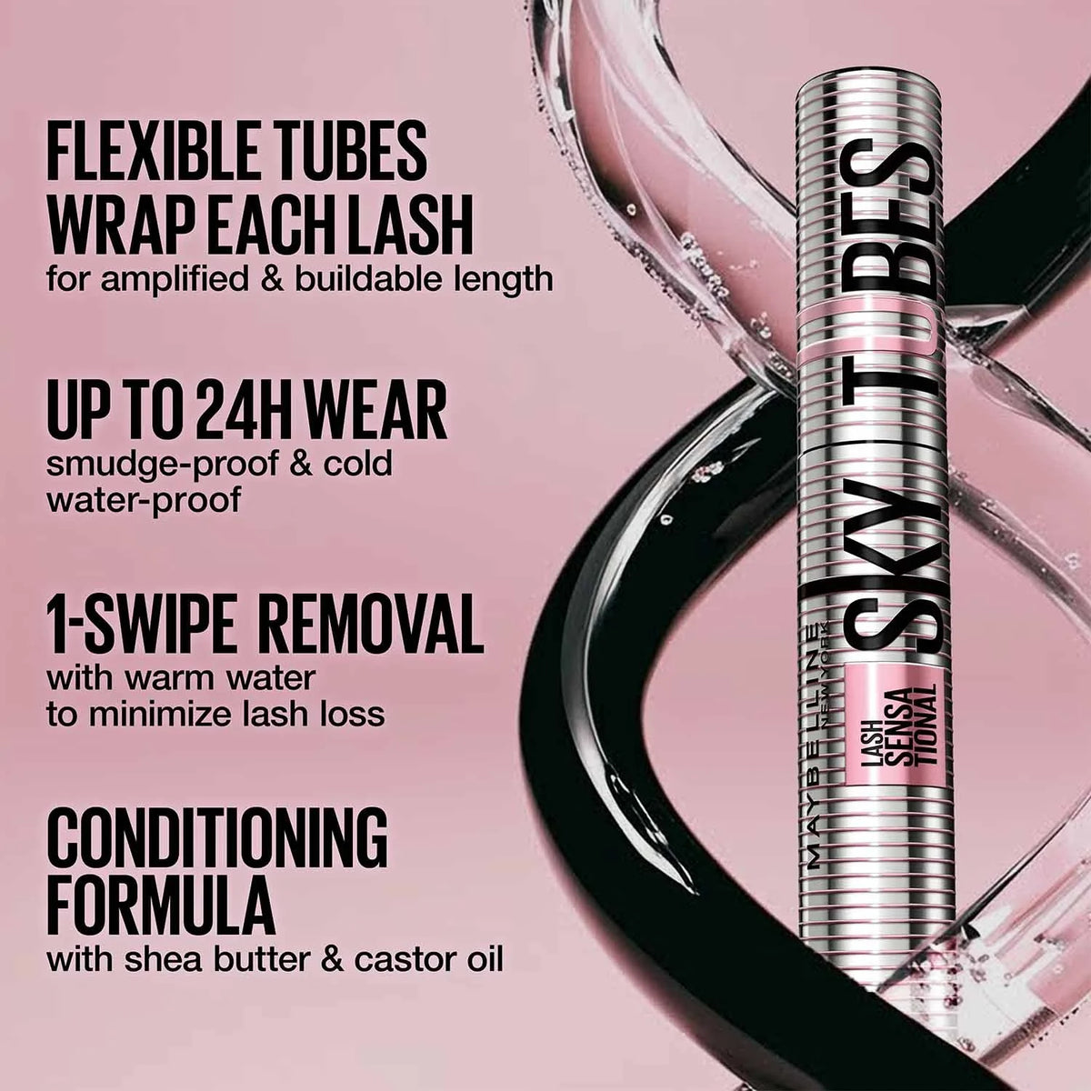 Maybelline Lash Sensational Sky Tubes 24-hour wear and conditioning benefits