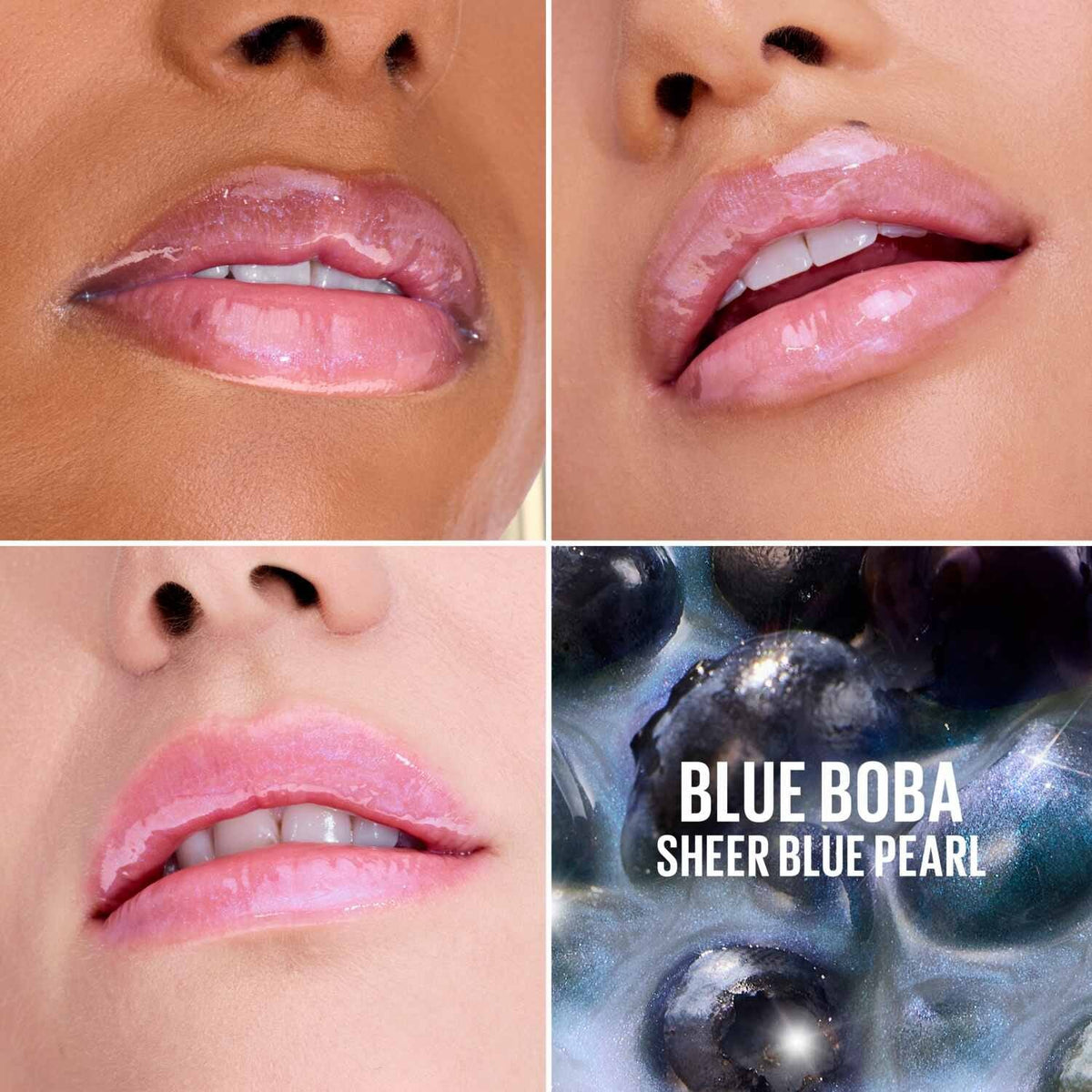Maybelline Lifter Gel Blue Boba sheer blue pearl gloss on different lips