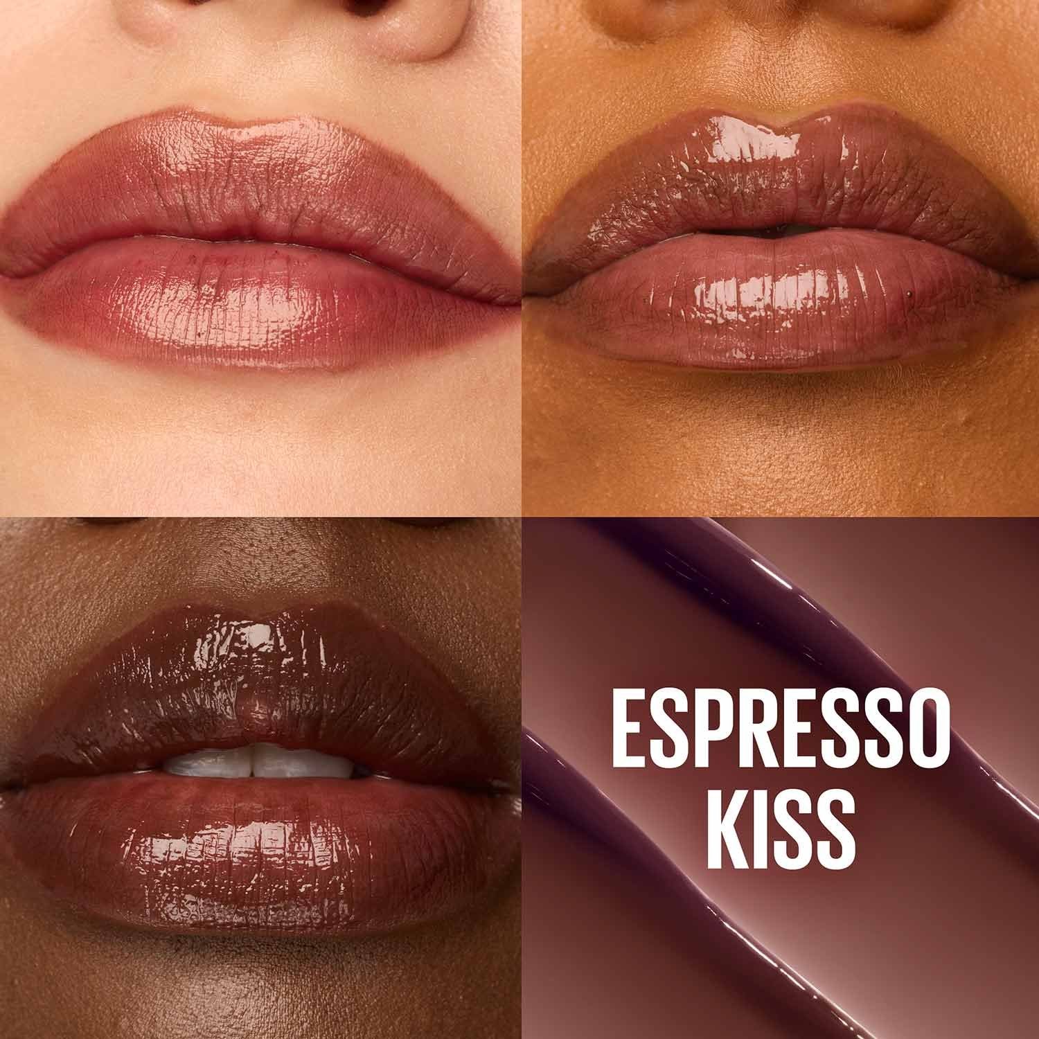 Swatch of Maybelline Espresso Kiss glazed finish showing sheer, buildable tint