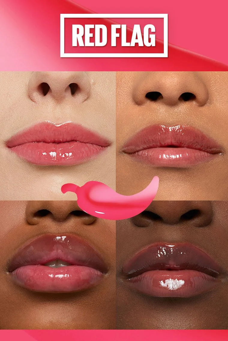 Maybelline Red Flag gloss on multiple skin tones with bold red shine