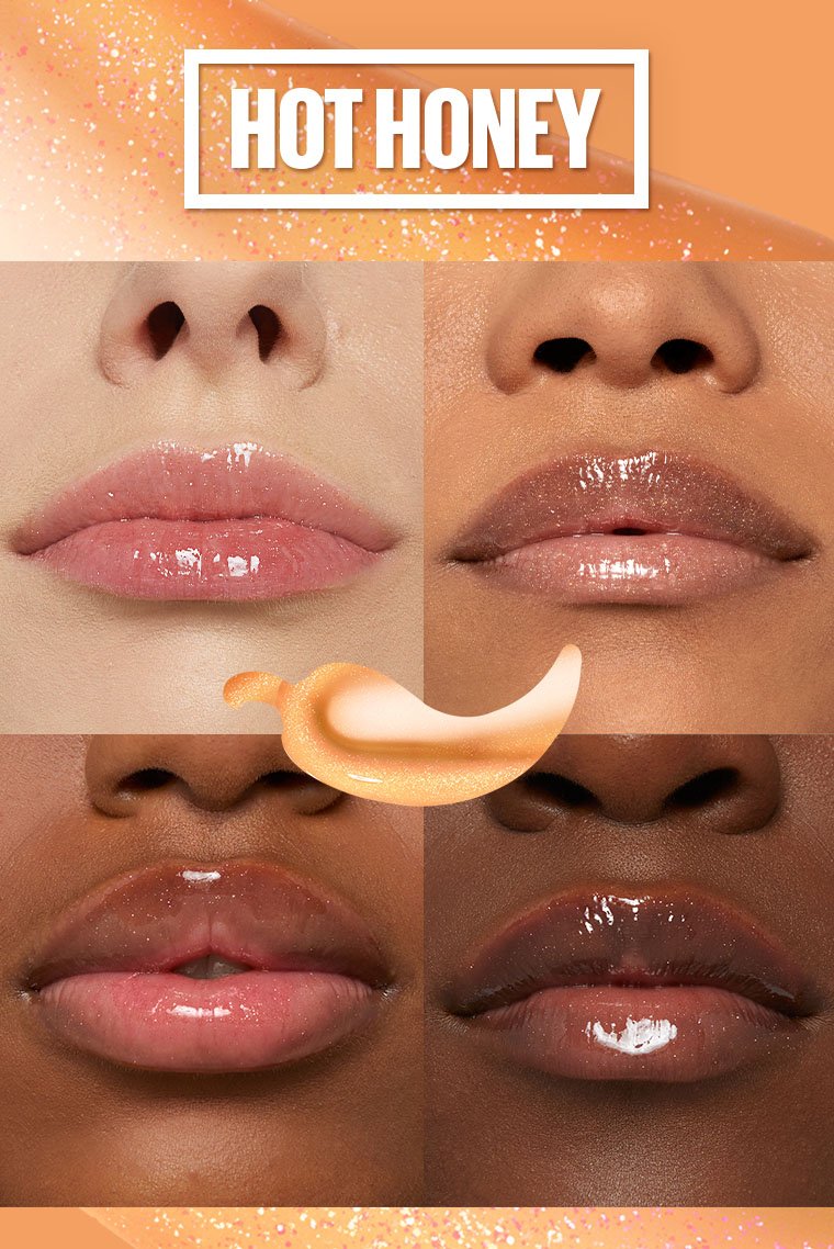 Before and after using Maybelline Hot Honey gloss showing visibly plumper lips