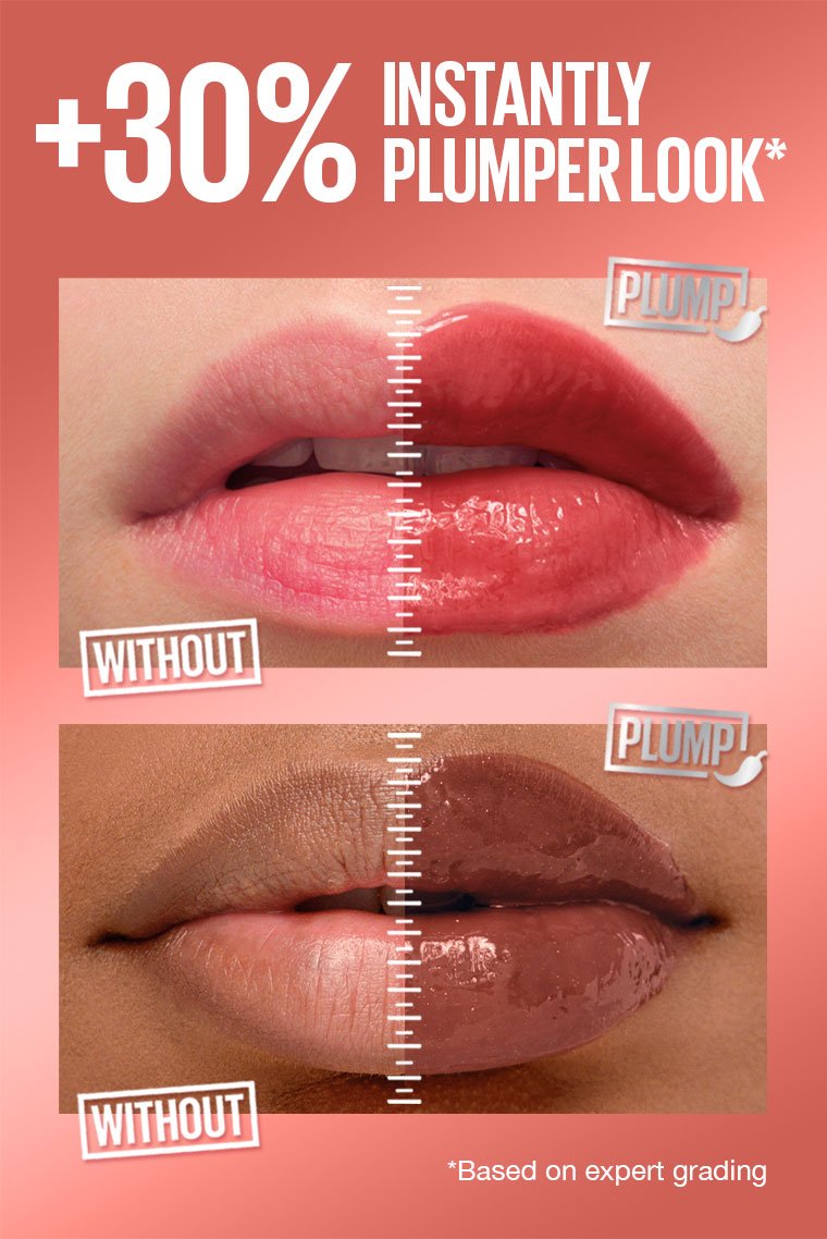 Lips showing +30% instantly plumper look with Maybelline Lifter Plump Gloss