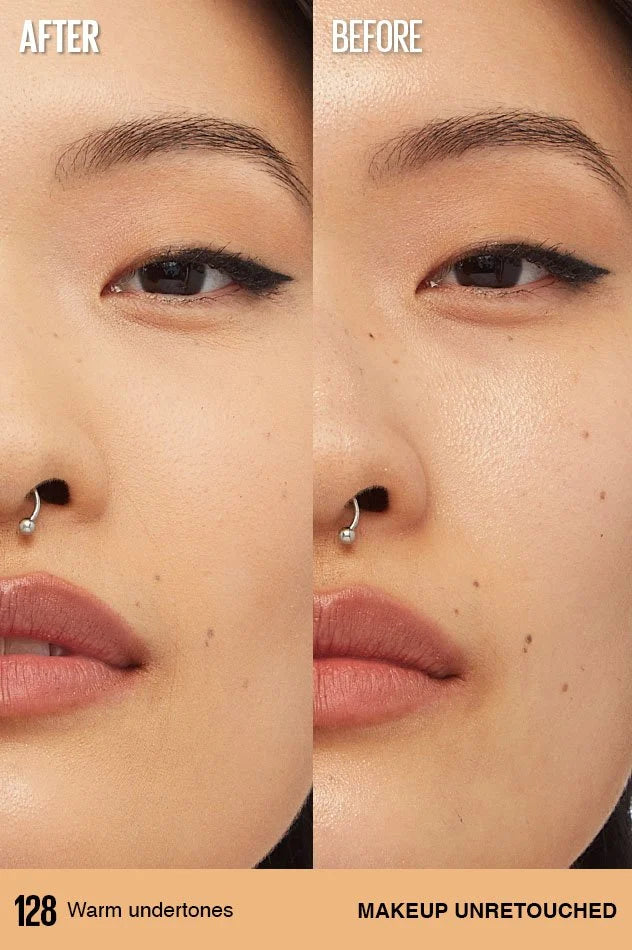 Maybelline Lumi-Matte Foundation shade 128 before and after coverage