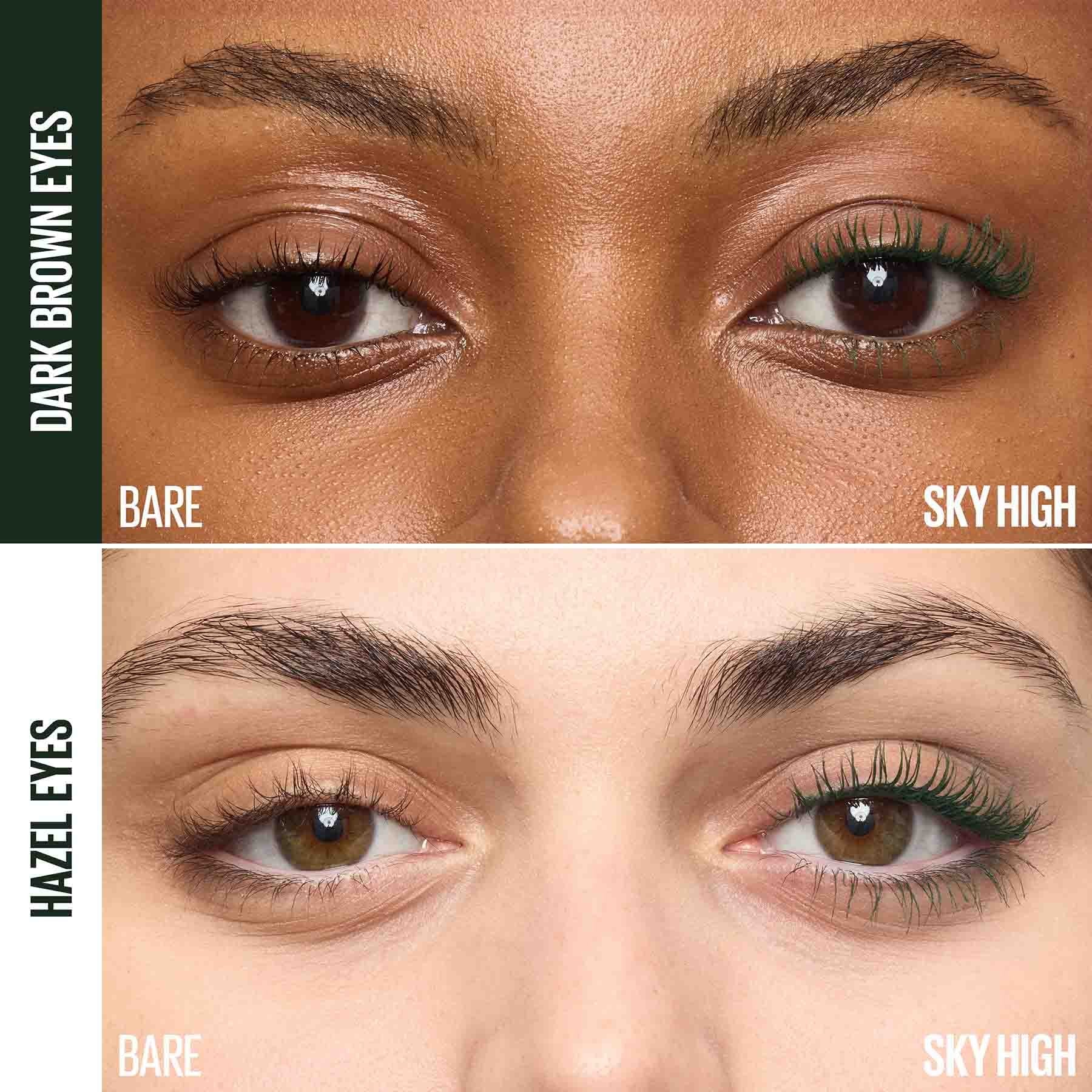 Maybelline Sky High Green mascara on different colour brown eyes 