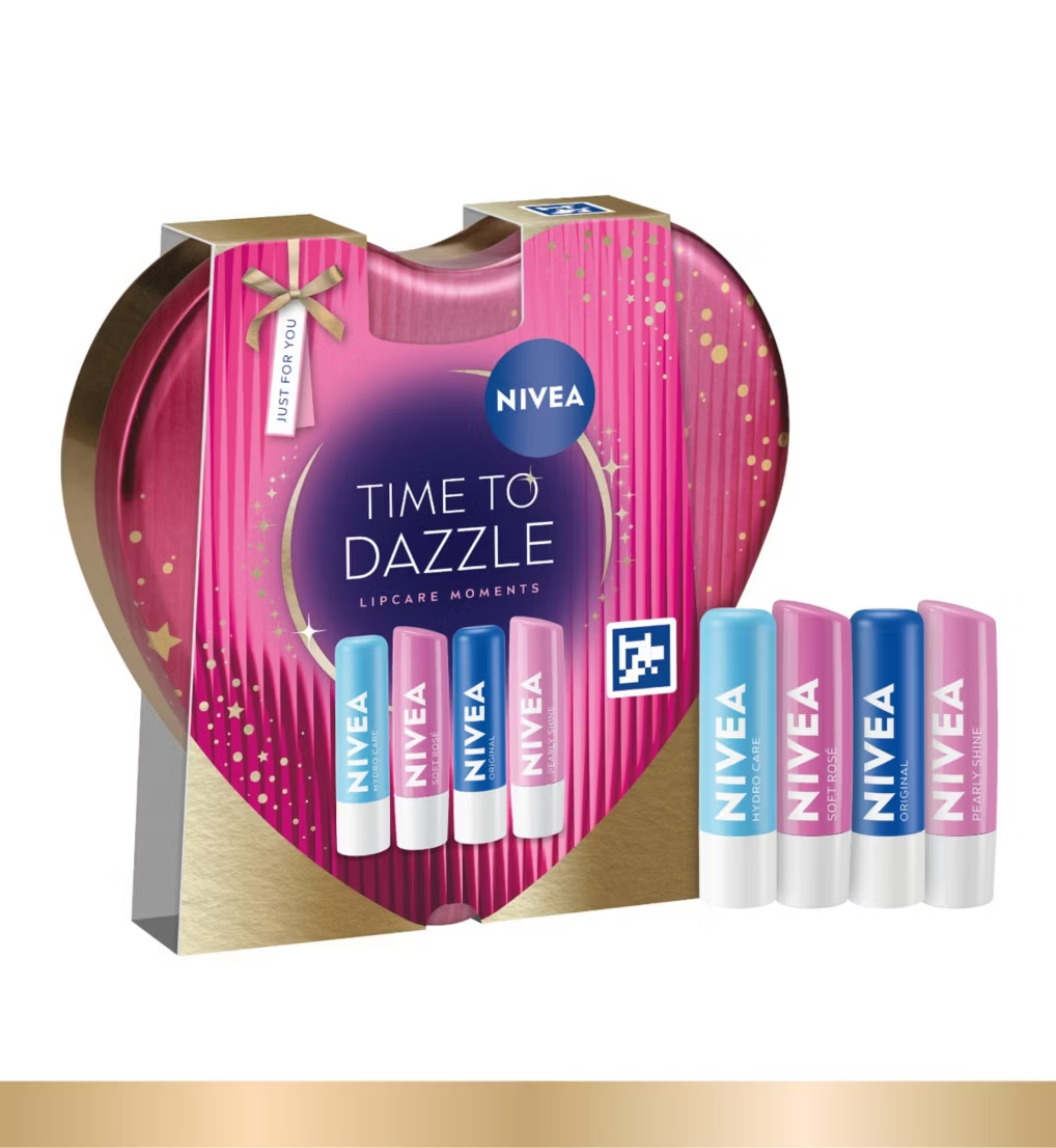 NIVEA Time To Dazzle Gift Set heart tin with Hydro Care, Pearly Shine, Original Care and Soft Rosé lip balms