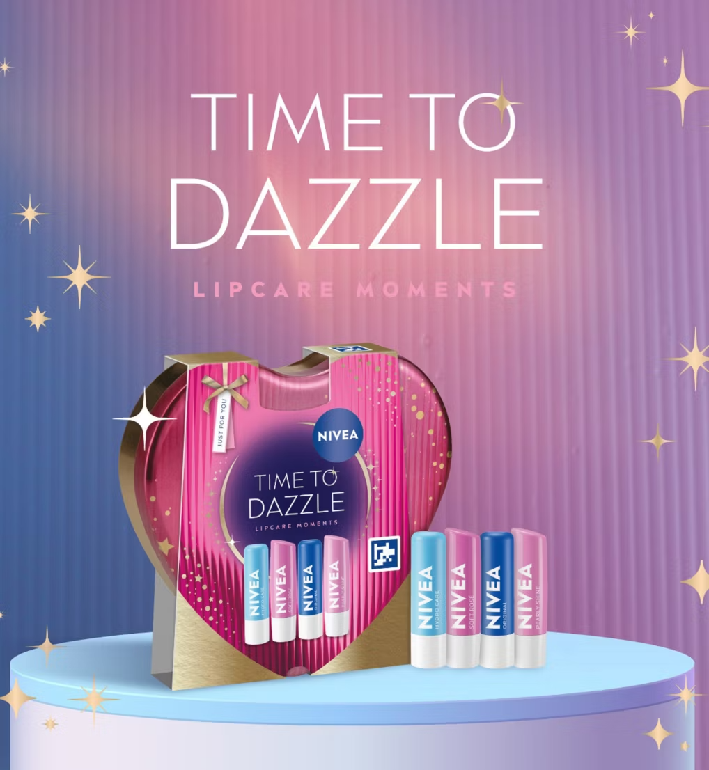 NIVEA Time To Dazzle Lip Care Christmas Gift Set with four NIVEA lip balms