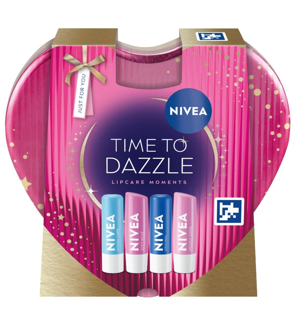MNIVEA Time To Dazzle Lip Care Gift Set with four full-size lip balms in heart-shaped tin