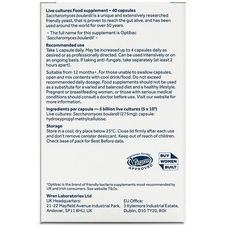 Optibac Boulardii back of box – probiotic supplement ingredients and usage directions.