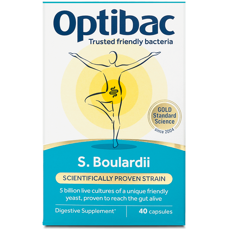 Optibac Boulardii supplement facts label – 5 billion CFU Saccharomyces boulardii per capsule.