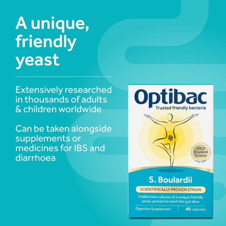Optibac Boulardii probiotic supplement graphic – unique friendly yeast information.