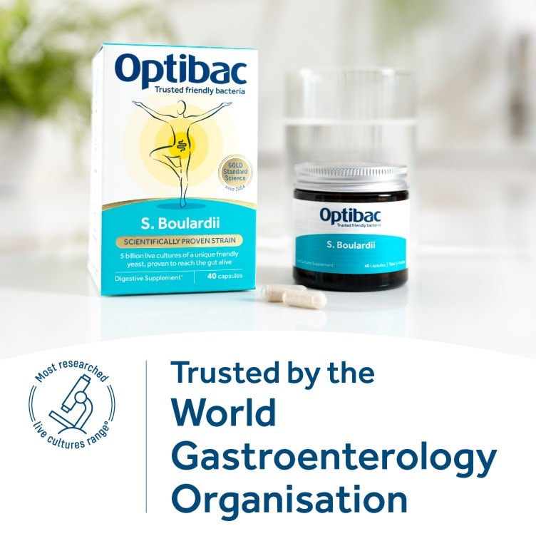 Optibac Boulardii front of box – scientifically proven strain with 5 billion CFU live cultures.
