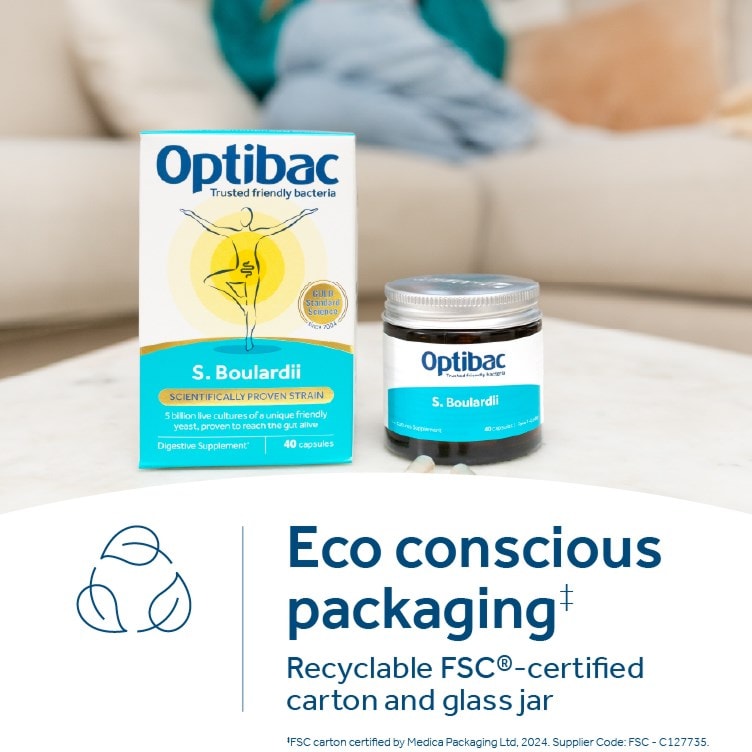 Optibac Boulardii eco-conscious packaging – recyclable FSC-certified carton and glass jar.