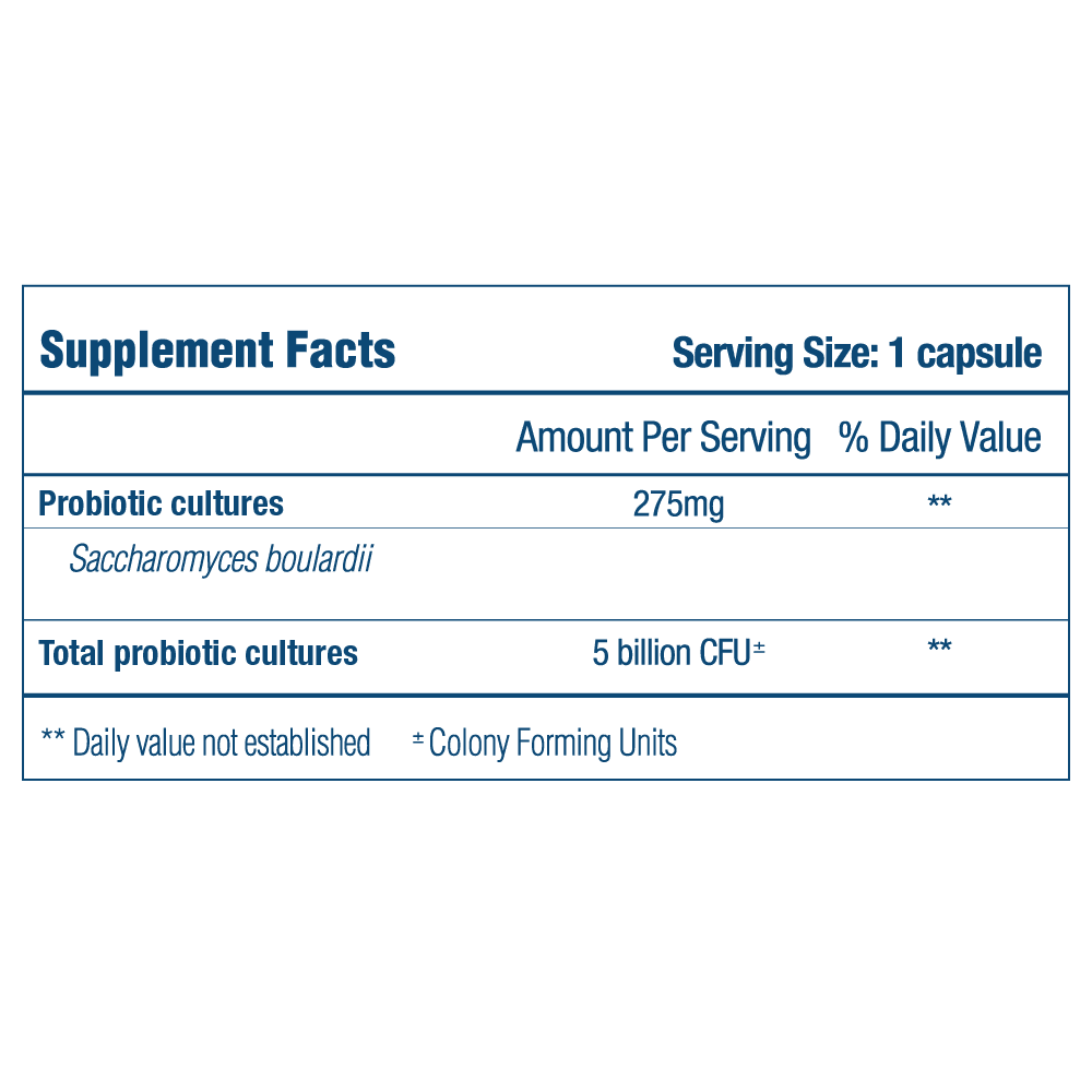 Optibac Boulardii supplement facts label – 5 billion CFU Saccharomyces boulardii per capsule.