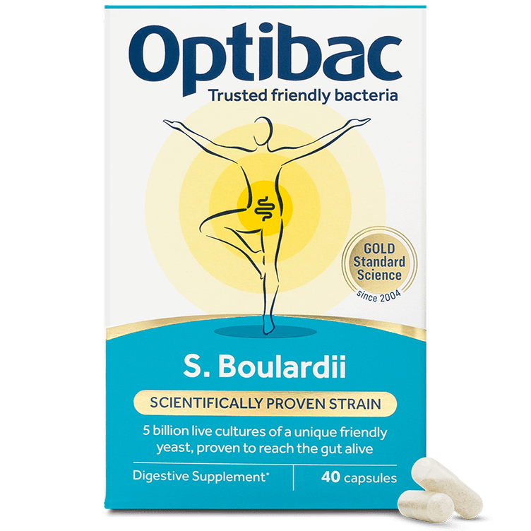 Optibac Boulardii front of box – scientifically proven strain with 5 billion CFU live cultures.