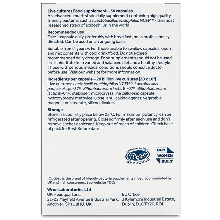 Supplement facts and ingredient label on Optibac Every Day EXTRA packaging.