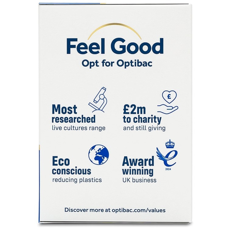 Optibac probiotics feel good graphic with eco packaging, awards, and most researched claims.