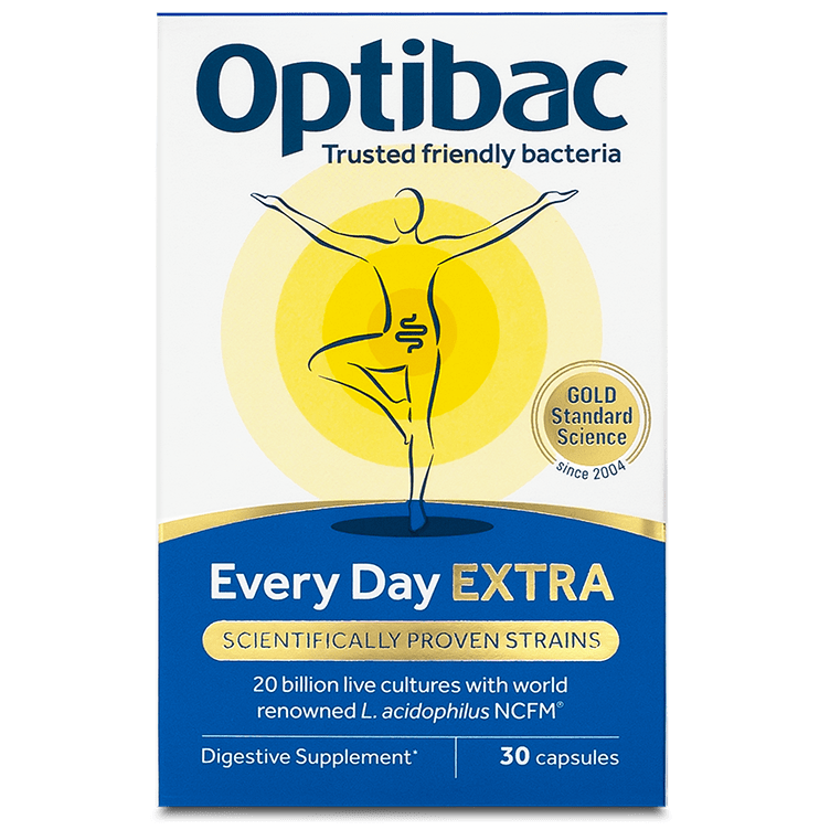 Optibac Every Day EXTRA probiotic 30 capsules digestive supplement box front.