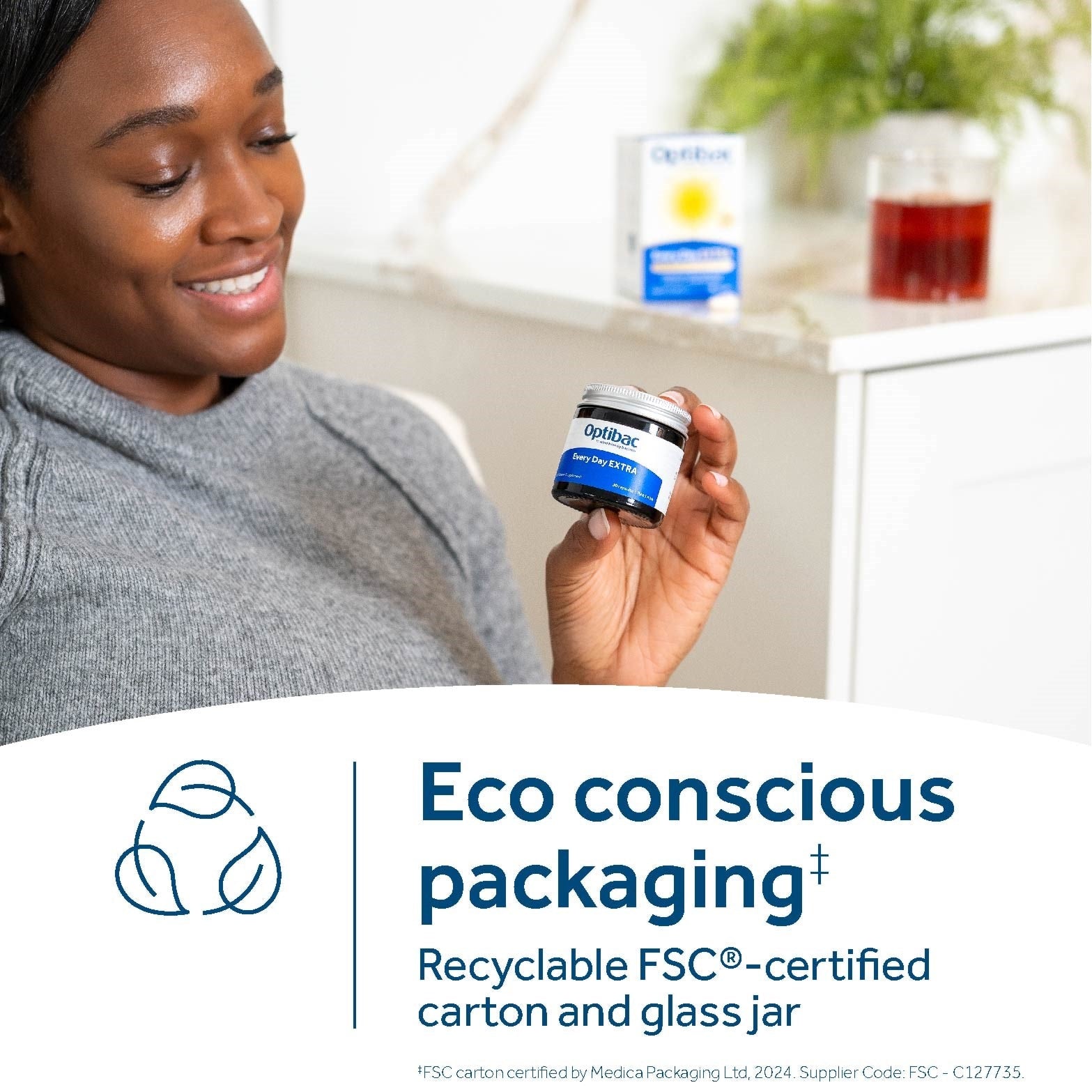 Optibac Every Day EXTRA recyclable FSC certified carton and glass jar eco packaging.