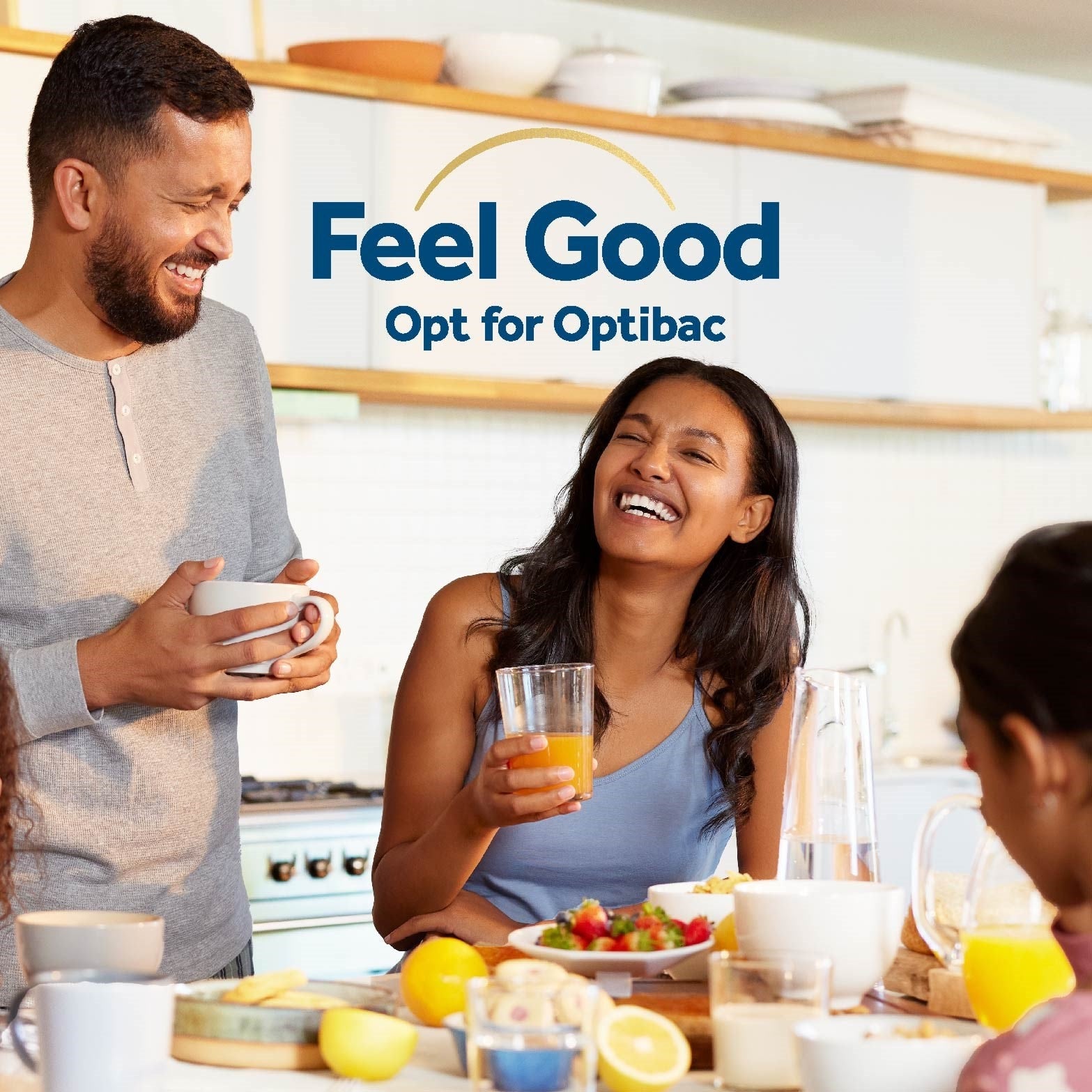 Smiling couple enjoying breakfast with Optibac Every Day EXTRA probiotics. for all the family 