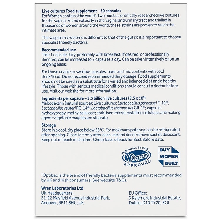 Optibac For Women probiotic back of pack ingredients and directions
