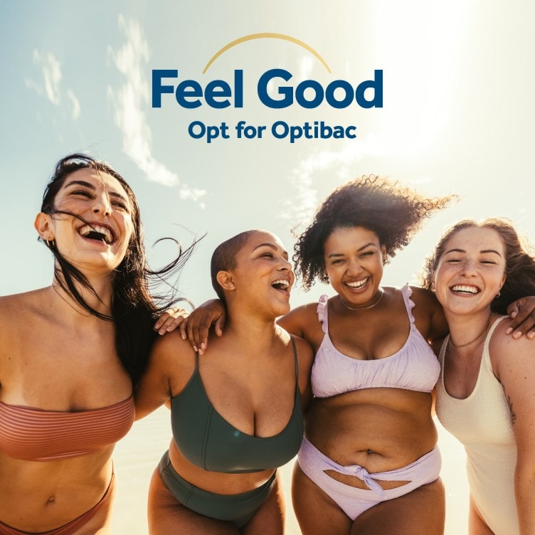 Group of women smiling outdoors with Optibac Feel Good campaign