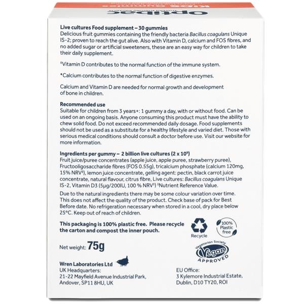 Back label of Optibac Kids Gummies Strawberry 30 Pack showing ingredients