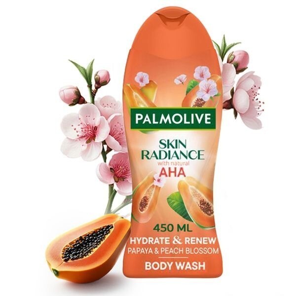 Palmolive Hydrate & Renew Papaya and Peach Blossom body wash product image with papaya fruit and peach blossom