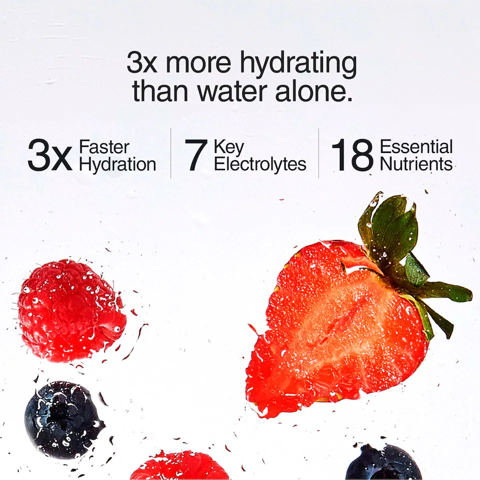Phizz Mixed Berry 3x more hydrating than water graphic — electrolytes and 18 nutrients