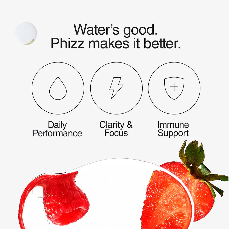 Phizz benefits infographic — daily performance clarity focus and immune support hydration tablets