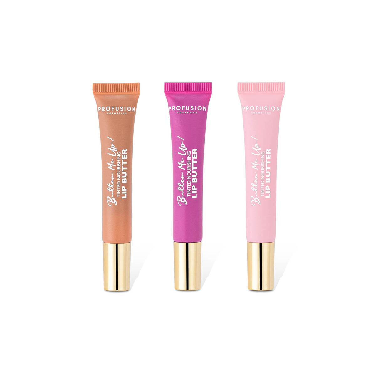 Profusion Butter Me Up Lip Butter Trio in Nude Vanilla, Grape Fizz and Sugar Cookie with gold tube caps