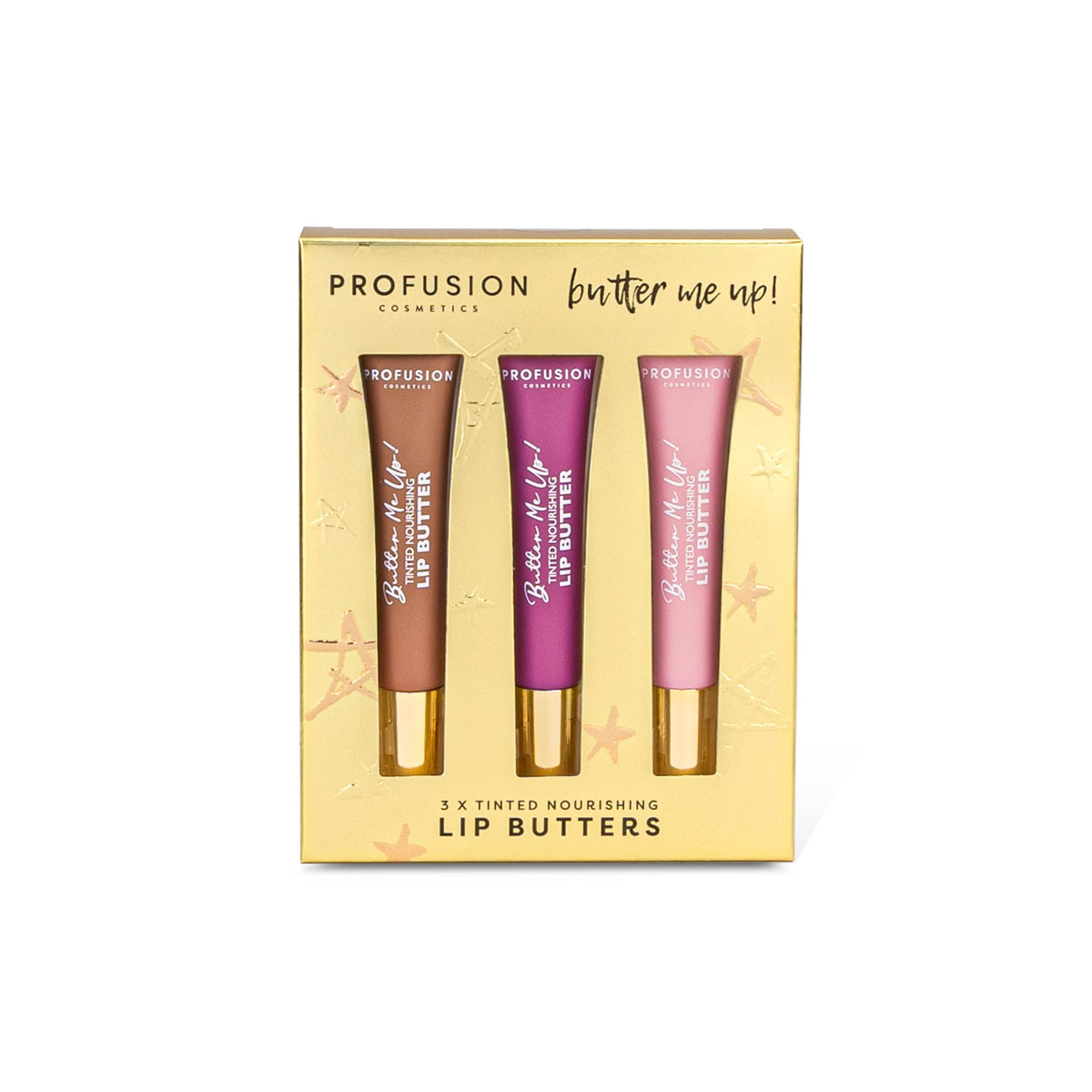 Profusion Butter Me Up Tinted Lip Butter Gift Set with three lip colours in gold presentation box