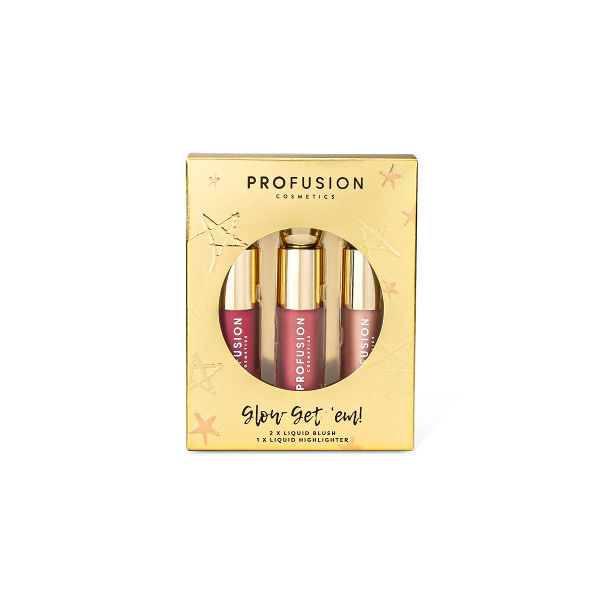 Profusion Glow Get Em 3 Piece Liquid Blush & Highlighter Gift Set in gold presentation box