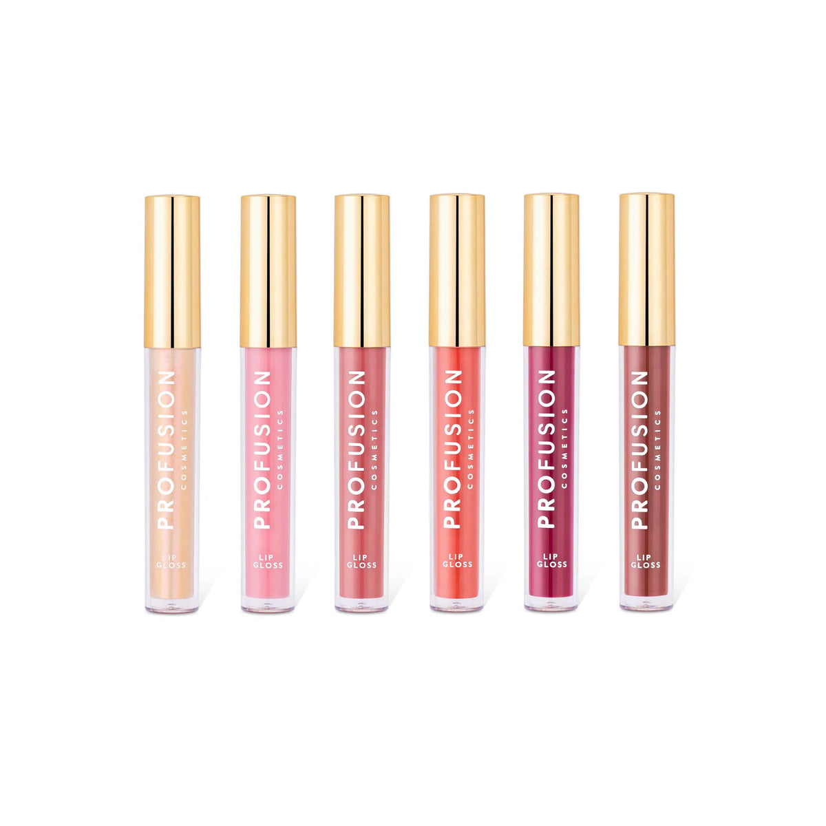 Profusion Pout Perfection Lip Gloss Gift Set showing six nude, pink, coral and berry lip gloss shades with gold caps