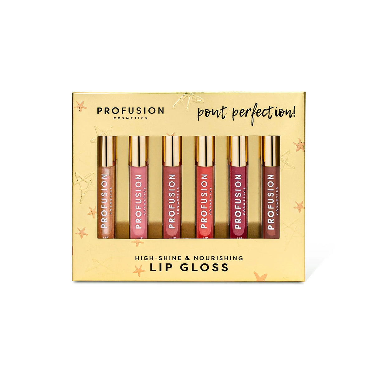 Profusion Pout Perfection 6 Piece Lip Gloss Gift Set with six high-shine lip glosses in gold presentation box