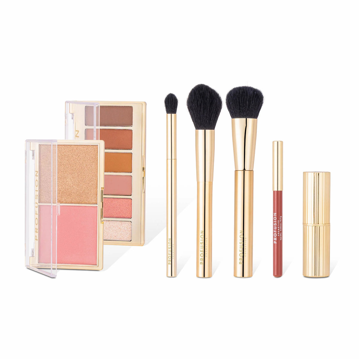 Profusion You Glow Girl Body Shimmer Gift Set displayed with golden makeup products and brush in festive setting