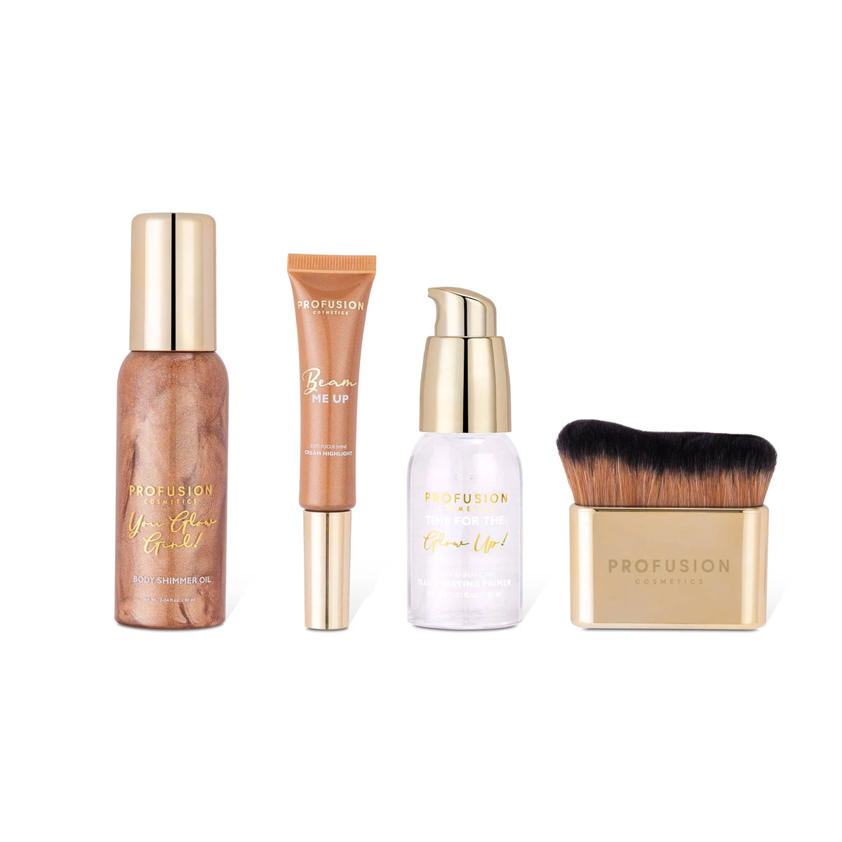 Profusion You Glow Girl Gift Set with body shimmer oil, illuminating primer, cream highlighter and body brush.