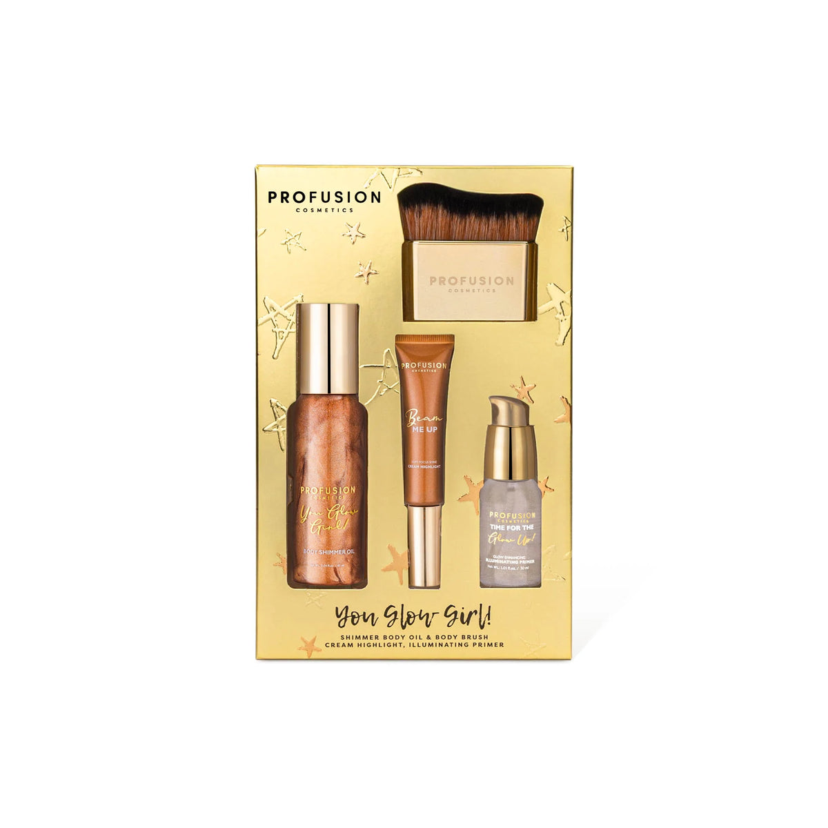 Profusion You Glow Girl Body Shimmer Gift Set in gold presentation box with four illuminating beauty essentials