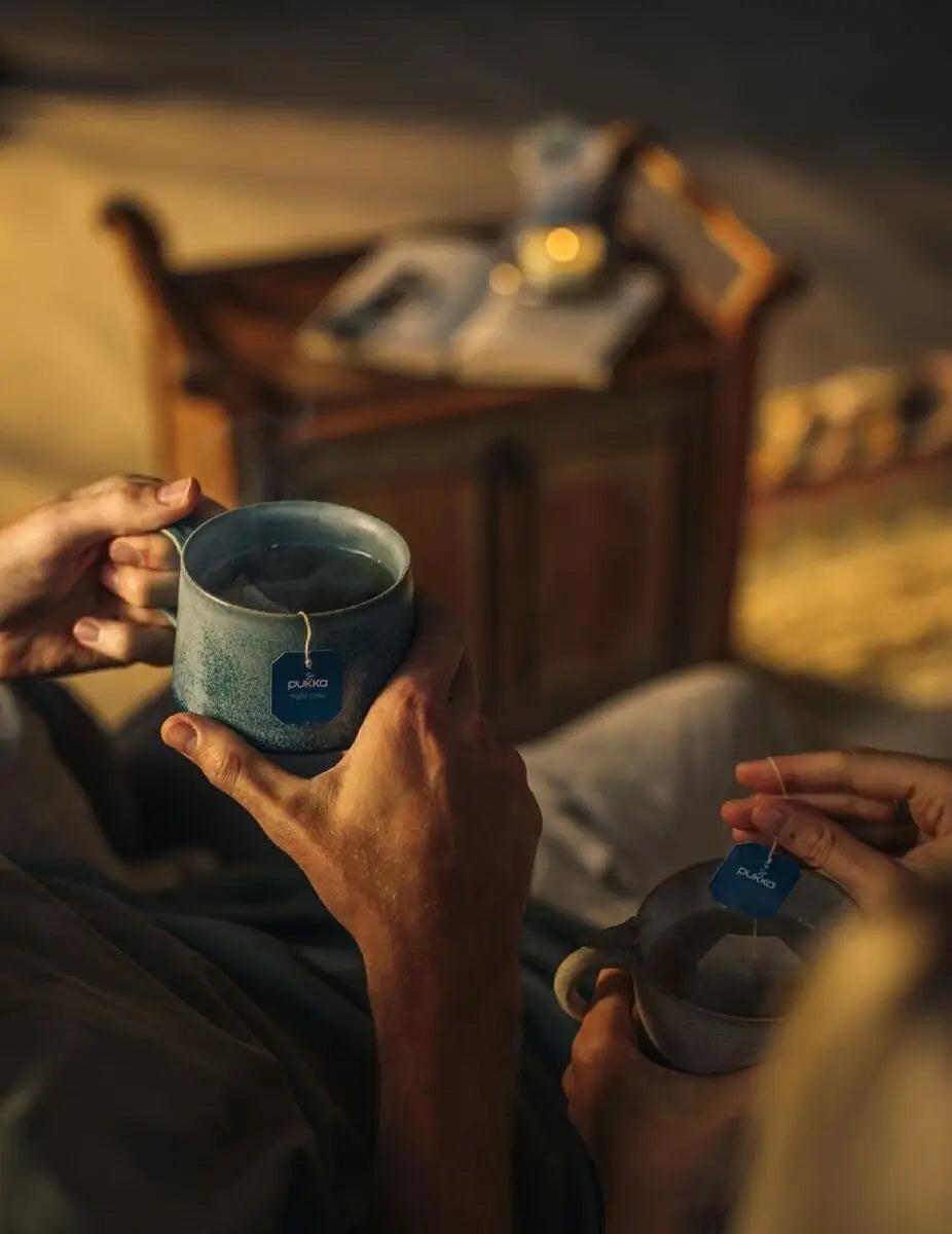Caffeine-free herbal sleep tea – Pukka Night Time blend in cup closeup