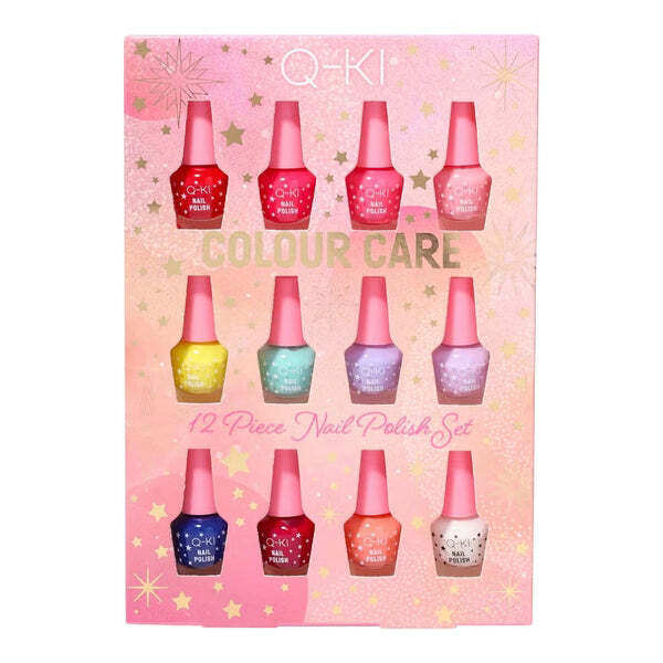 Q-KI Colour Care 12-piece nail polish gift set in a pink presentation box with gold stars.