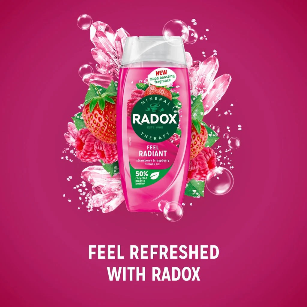 Radox Mineral Therapy Feel Radiant Strawberry And Raspberry Shower Gel ad