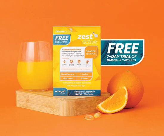 Lifestyle shot with orange drink
Revive Zest Active sachet dissolved in water with Omega Active trial pack